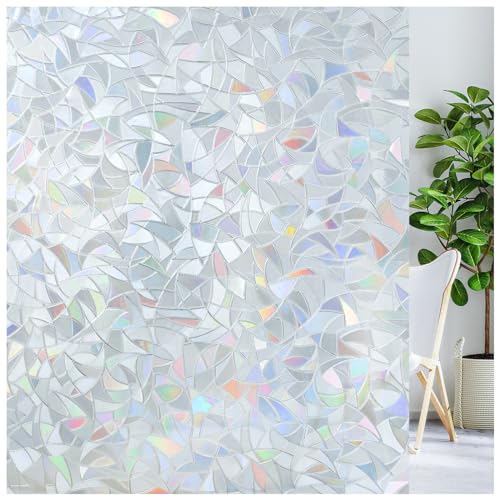 Image of LUTE Rainbow Window Privacy Film, Stained Cling, Silver, 17.5 inch x 118.1 inch | 3D Decorative Non-Adhesive Vinyl, Static Cling Removable Glass Stickers, Sun UV Blocking Decal Covering for Home Office
