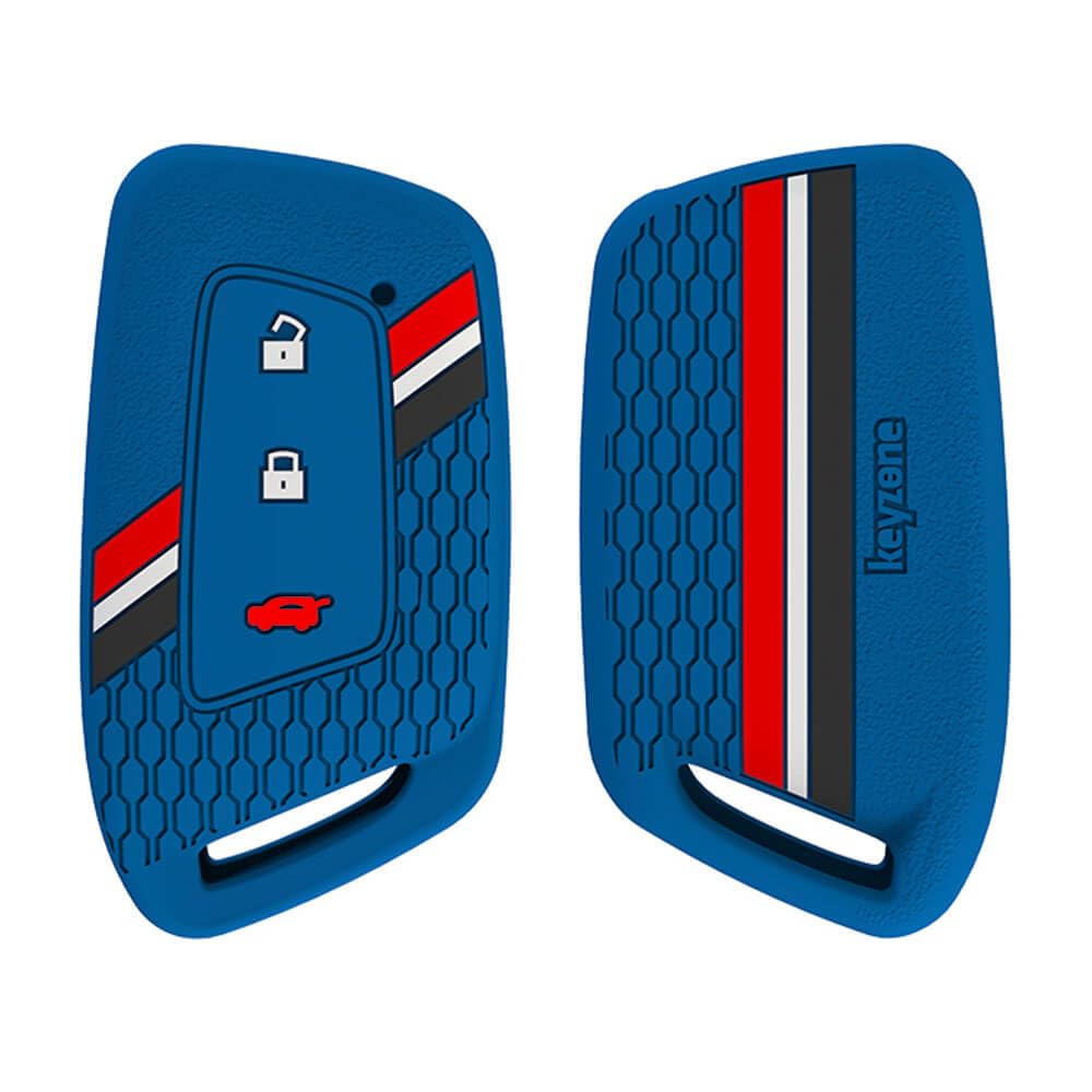 Keyzone® Striped Silicone Key Cover Compatible for MG Hector, Windsor EV 3 Button Smart Key. (Blue)-image-32