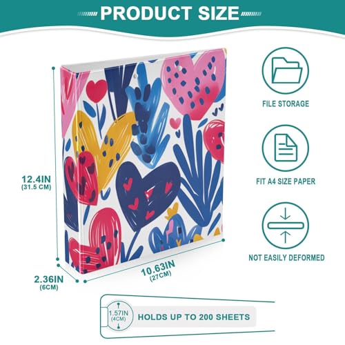 Image of 3 Ring Binder Heart Plant Grass Pattern 1.5 inch Binders Three Ring Binders with Clipboard Fit 8.5'' x 11'' Paper 3 Interior PVC Clear Pockets for Office Supplies