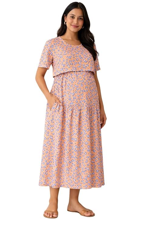 Women Maternity Feeding Dress Cotton Floral Nursing Gown Front Zip Pregnancy Maxi Dress Soft Comfortable Peach-image-2