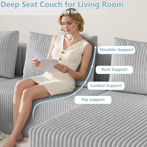 Image of 107 inch Boneless Cloud Couch Sectional Couches Sofa for Living Room | Modular U-Shaped Couch, Comfy Modern Corduroy Memory Foam Sofas with Deep Seat, Ottoman, Oversized Chaise (Light Grey)