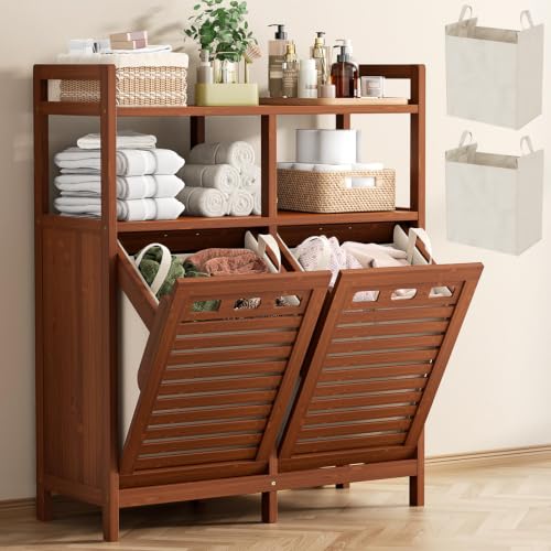 Homykic Bamboo Double Tilt Out Laundry Hamper Cabinet with 2 Bags, Walnut