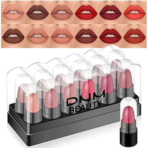 12Pcs Capsule Pills Lipstick Mini Lip Stick Packs Matte Lipstick Set for Women,Dark Sexy Red Brown Nude Mini Matte Lipstick Makeup Lip Liner Color Set labiales mate 24 horas originales lapiz labial Cover