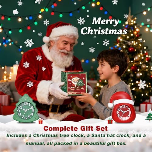 Image of AYRELY Christmas Alarm Clock Gift Set - 2 Silent Analog Clocks (Santa Hat & Christmas Tree), Ready-to-Gift Holiday Edition for Kids & Family, with Festive Gift Box