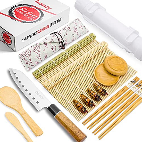 Sushi Making Kit - All In One Set with Bazooka, Sushi Knife, Natural Bamboo Mats, Paddle, Spreader, Chopsticks, Holders, Bag, Saucers - Make Your Own Homemade Easy DIY Sushi Maker Roller Machine