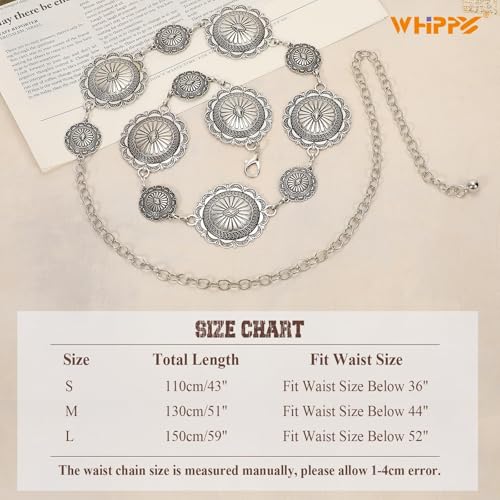Image of WHIPPY Western Metal Concho Belt for Women Vintage Cowgirl Boho Turquoise Chain Belts for Dresses Jeans