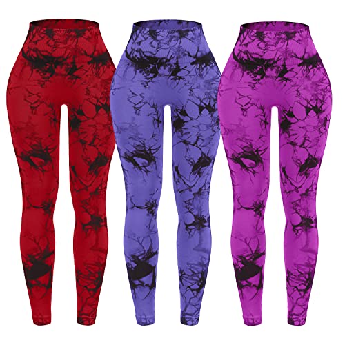 OVESPORT 3 Pack Tie Dye Seamless High Waisted Workout Leggings for Women Scrunch Butt Lifting Yoga Gym Athletic Pants X-Small 3pack-red/Rose/Purple