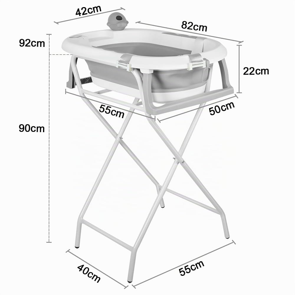 OHMG Bañera para bebé con soporte de 85 cm, bañera plegable para bebé, con termómetro y cojín de baño, bañera plegable