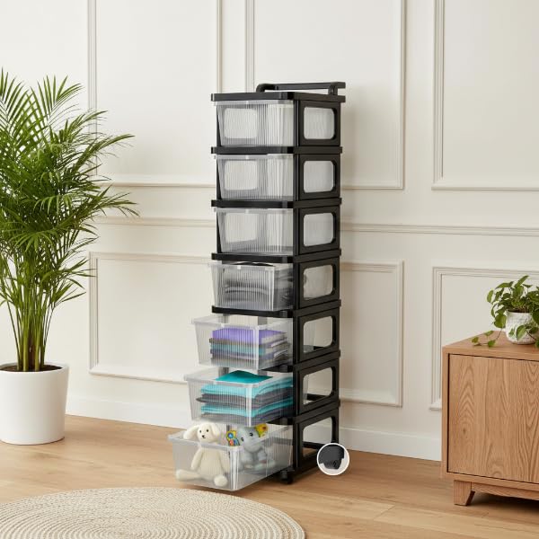 Image of KITCHIVO Heavy Duty Plastic Storage Drawer with Wheels | Modular Cabinet for Bedroom, Office, Home or Classroom| Chest of Drawers Organiser for Cosmetics, Kitchen items, Toys (Transparent, 7)