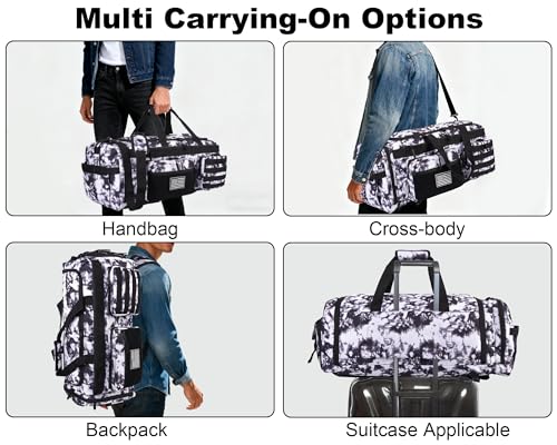 Image of LHI 50L Tactical Duffle Bag for Men, 3-in-1 Gym Duffle and Backpack, Shoe Compartment, Laptop Sleeve and MOLLE, Carry-On Travel Weekender and Overnight Bag - Black and White