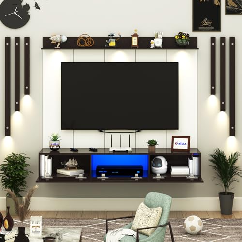 Image of Anikaa LucenPro Engineered Wood Wall Mount TV Unit with PVC Back Panel, Acrylic Blue LED Storage Box, Side Wooden Accent Spot Light Panels I Deal for Up to 50 Inch TV (Wenge - DIY Installation)