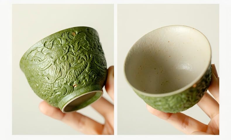 Green sprinkled gold tea cup, ceramic embossed dragon patterned tea cup