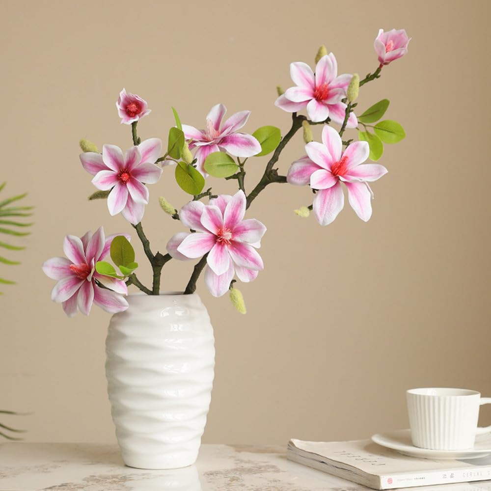 LIJUCAI 3 Pieces Artificial Magnolia Flower Stems Pink Faux Magnolia Branches 40cm Realistic Floral Stems for Home Decor Vase Arrangement Wedding Centerpieces,b