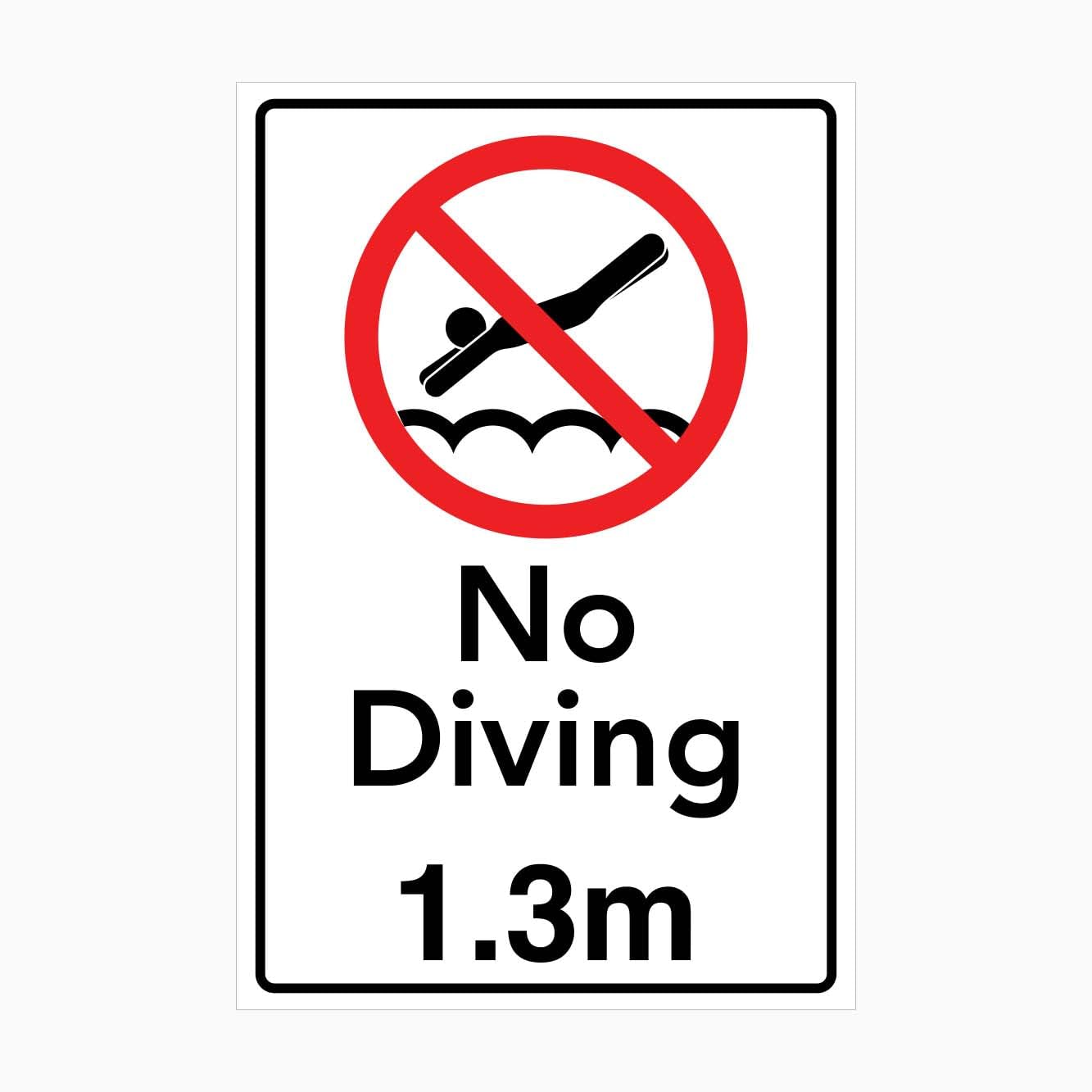 NO DIVING 1.3m Sign, 12x8 Metal Tin Sign, water safety rule plaque for swimming pools, lakes and outdoor water recreation areas.