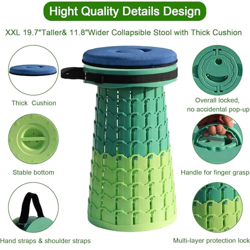 Image of 2026 Upgraded XXL Collapsible Stool with Thick Cushion,19.7 inchH-11.8 inchD Telescoping Folding Stool for Adults, More Sturdy Camping Stools with Load Capacity 1000lbs for Outdoor,Garden,Fishing,Hiking
