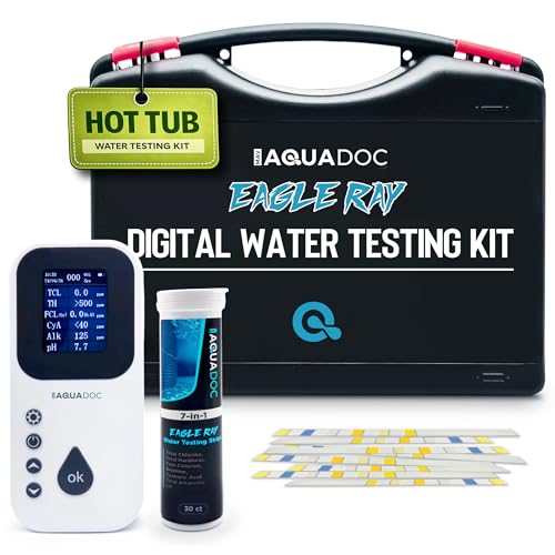 Eagle Ray Digital Spa Water Test Kit by AquaDoc with Digital Water Tester and 30 hot tub Test Strips for Chlorine, Bromine, Total Hardness, Cyanuric Acid, Alkalinity, and pH