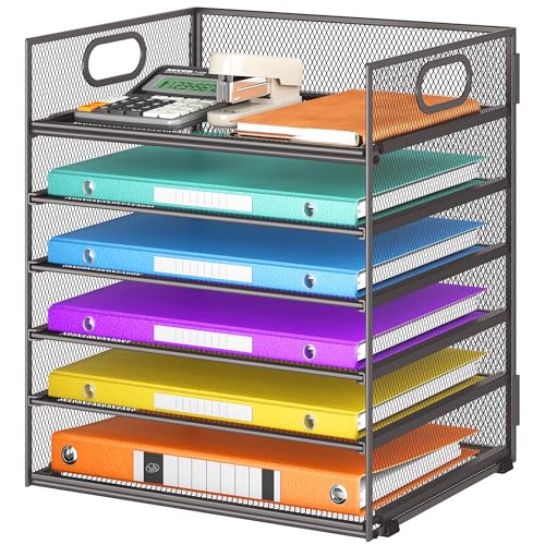 VITVITI Organizador de Escritorio con Archivador, Bandeja de Papel de 6 Niveles con Asa, Malla de RellenoOrganizador para Material de Oficina en Casa, Accesorios de Oficina Ordenados   Gris