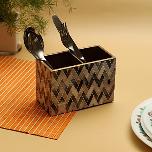 Image of DULI Engineered Wood Multipurpose Stand, Cutlery Holder, Spoon Stand, Table Organizer With 2 Sections, Chammach Stand (10Cm X 15Cm, Mcdpsdbl- Mopzigzag), Outside