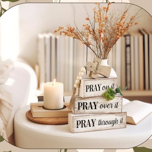 Image of Moucuny 4 Pcs Christian Table Decor Wooden Cross Wooden Bible Verse Sign Inspirational Religious Christian Centerpiece Pray Block Signs Farmhouse Table Decoration for Mother's Day