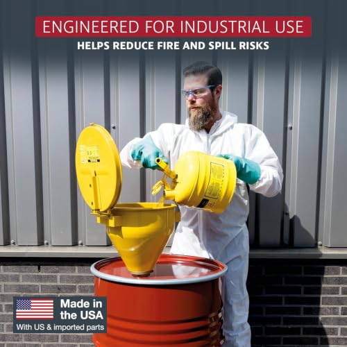 Image of Justrite Drum Funnel for Flammables, Self-Closing Cover, Yellow,Made in USA