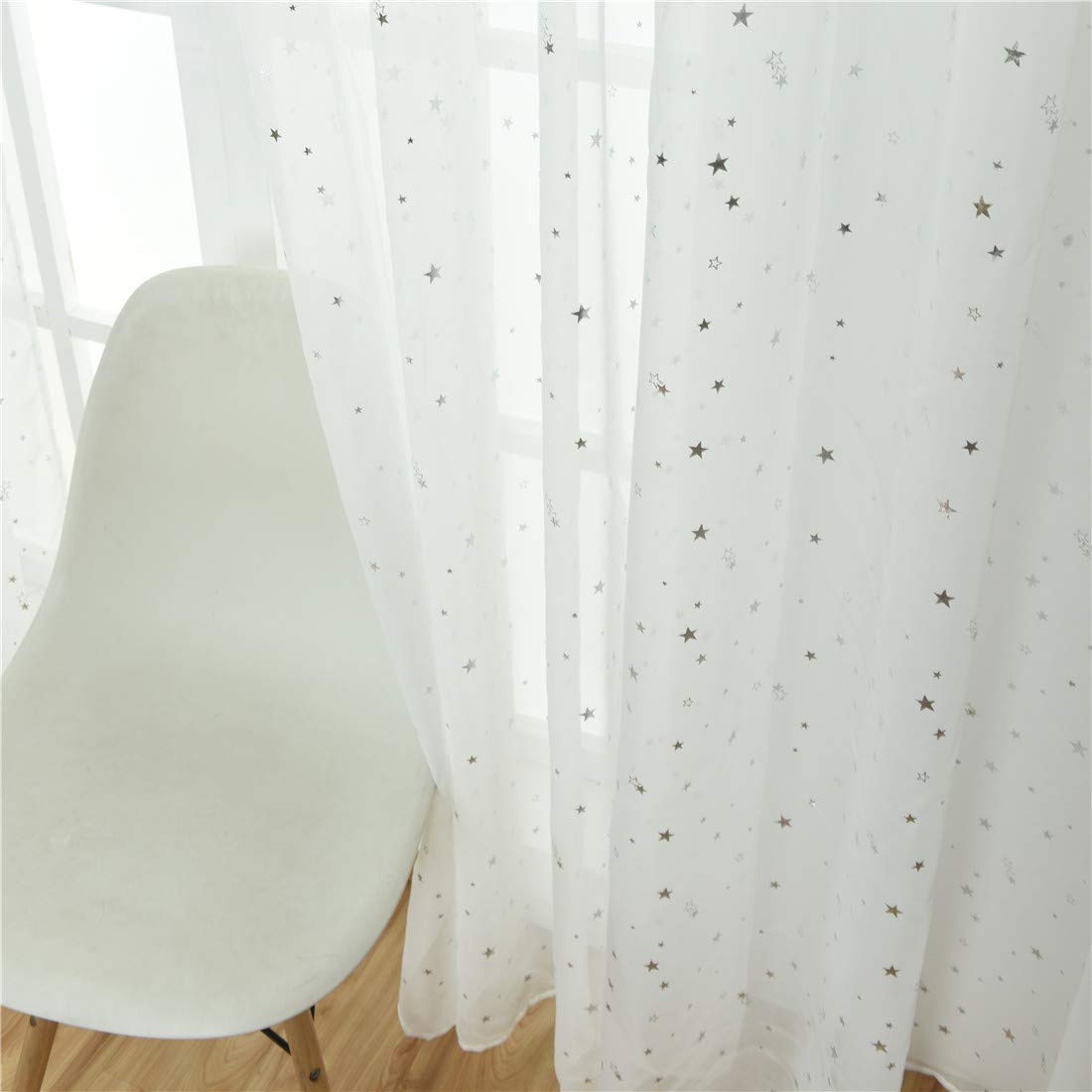 Silber Metallic Look Sterne Voile Gardine Transparent Vorhang für Wohn- und Schlazimmer Voile Fenster Gardinen Dekoration 2er Set Vorhänge,Weiß,W140xL180cm