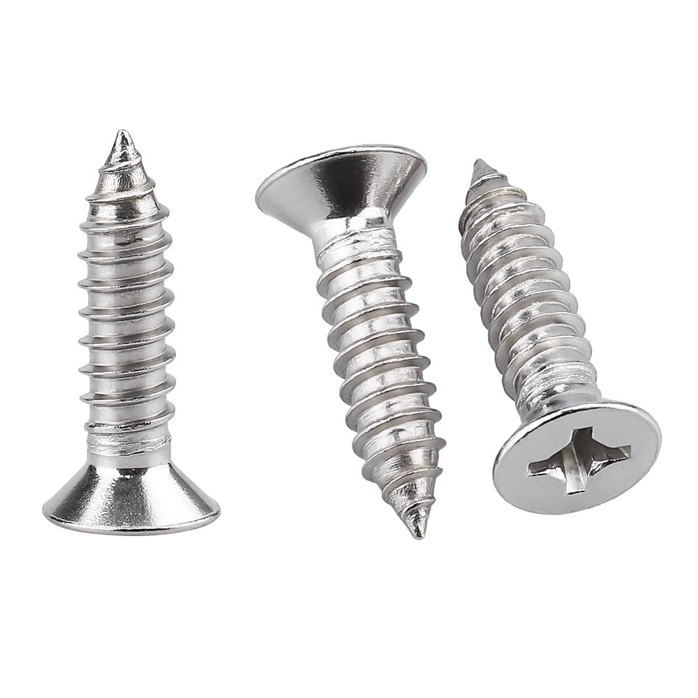 100 Pack #6 x 7/8" Flat Head Phillips Self Tapping Screws, 18-8 Stainless Steel 304, Countersunk Sheet Metal & Wood Screws, Corrosion Resistant
