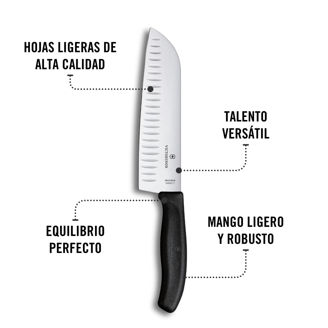 Victorinox Swiss Classic Cuchillo de cocina/Santoku, con hoja de 17 cm y filo alveolado, fabricado en acero inoxidable y de color negro