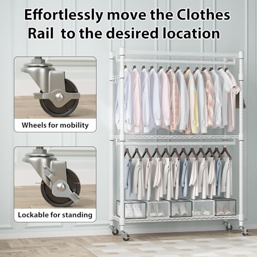 Image of Homdox 3 Tier Heavy Duty Garment Rack with Wheels, Adjustable Wire Clothes Rack with Double Hanging Rods, Portable Closets for Hanging Clothes with Side Hooks, White