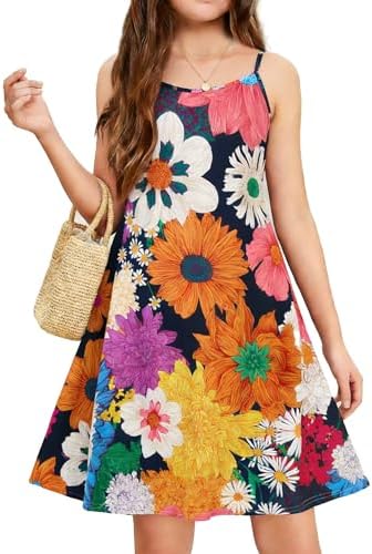 Seechoslo NEW 6-14 Years Girls Summer Dress Casual Spaghetti Strap A-Line Sundress with Adjustable Straps (US, Age, 6 Years, Floral)
