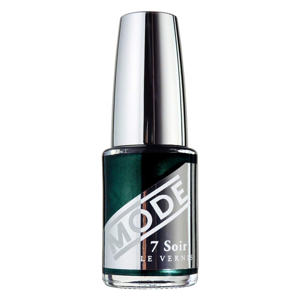 MODE Pearly Dark Green Black Emerald Nail Polish Color, Long Wear Chip Resistant Manicure, Strengthening UV Protection, ProWide Contour Brush, Vegan, 7 Soir Le Vernis Nail Lacquer, Velvet Cabaret