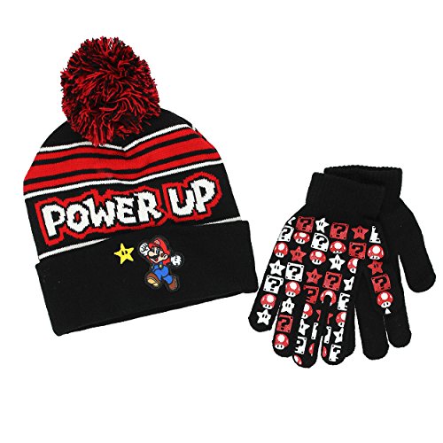 Super Mario Boys Beanie Hat and Gloves Set (One Size, Black)