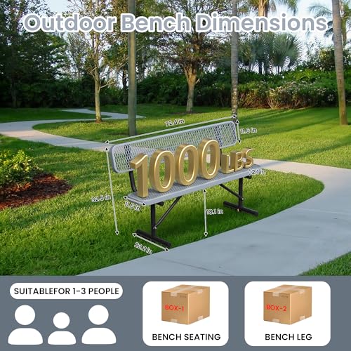 Image of 6ft Gray Metal Park Bench with Backrest, Heavy Duty Outdoor Benches Weatherproof Steel Long Playground Bench Seats, Commercial Garden Benches Red Dock Benches for Lawn, Park, Deck,Patio, Porch