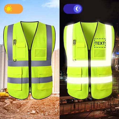 Gridachi Personalisierte Warnweste mit Logo – Reflektierende Sicherheitsweste mit Reißverschluss & Taschen – Hochsichtbare Arbeitsweste für Herren & Damen – Bedruckbar