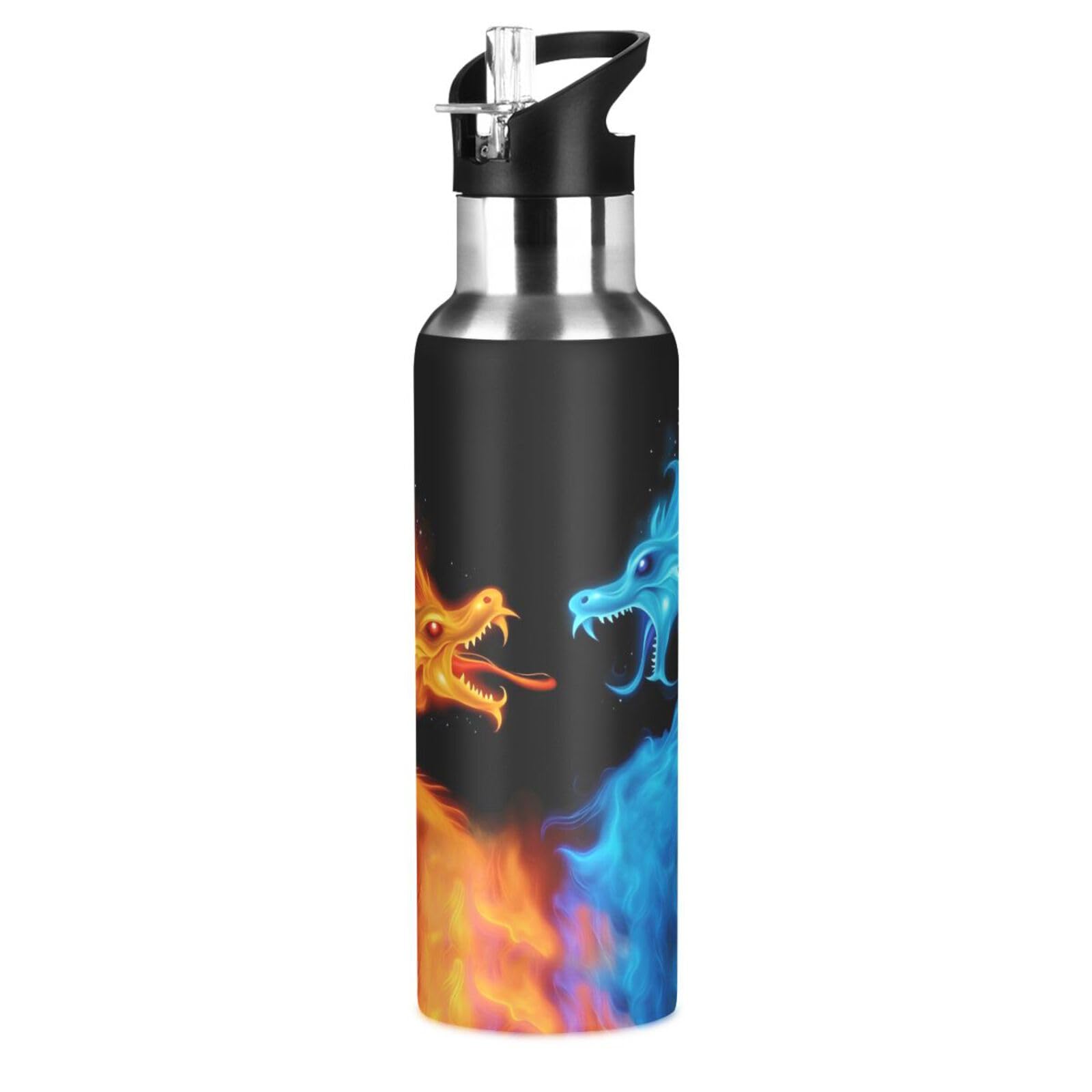 Dragon Trinkflasche für Kinder, Feuerdrachen-Flasche mit Strohhalm-Deckel für Jungen, auslaufsicher, isoliert, Edelstahl-Wasserflasche, Schulflasche, 590 ml