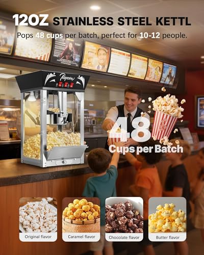 Image of 12 Oz Commercial Popcorn Machine, Movie Theater Popcorn Machine, Black Tabletop Pop corn Machine with 3-Switch Control & Steel Frame Tempered Glass Doors