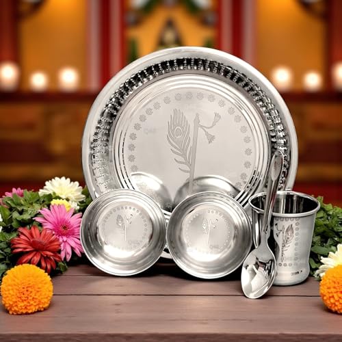 Mor Pankh & Bansuri Stainless Steel Pooja Thali Set with Katori, ...