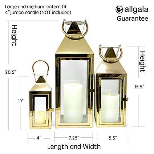 Image of Allgala 3-PC Lantern Set 24 Inch Jumbo Deluxe Modern Indoor /Outdoor Candle Lantern Set Gold Stainless Steel Frame Tempered Glass Pyramid Top for Garden Poolside Fireplace Wedding