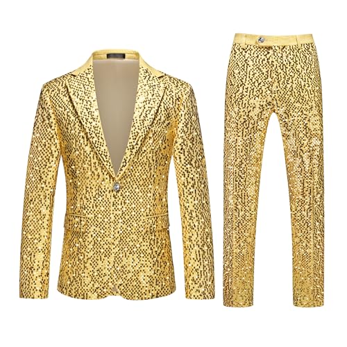 Men's Shiny Sequins Suit 2 Piece Set - Glitter Sparkle One Button Tuxedo Blazer & Pants for Wedding, Party, Prom