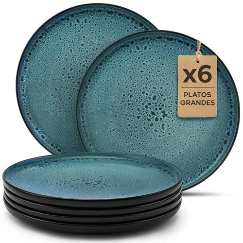 Twinzee Vajillas Completas 6 Personas de Gres Azur Resistente   6 Platos Grandes estilo Riviera   Apta microondas
