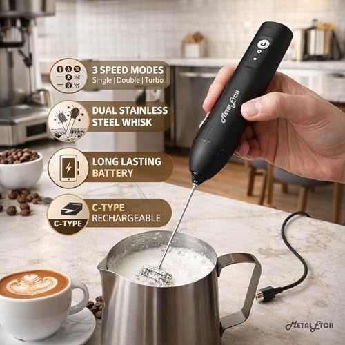 Image of Coffee Frother Electric Rechargeable Coffee Maker Machine | Free Coffee Stencils | Electric Coffee Frother Machine & Milk Whisker with Double Whisk Coffee Blender | 1 Year Warranty |