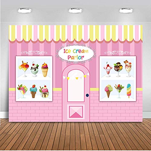 Mehofoto Ice Cream Parlor Shop Backdrop Kid Child Birthday Photography Background 7x5ft Vinyl Pink Ice Cream Party Banner Supplies