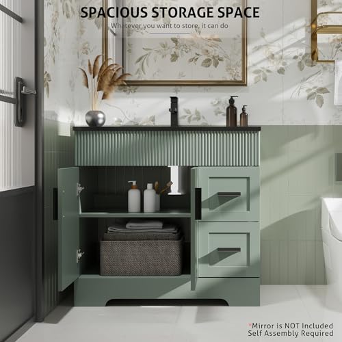 Image of eclife 36 inch Bathroom Vanities Sink Combo with Painted Surface, Modern Drawered Cabinet W /Decorative Wave Lines, Undermount Black White Sink, Matte Black Faucet Drain, Gray Green