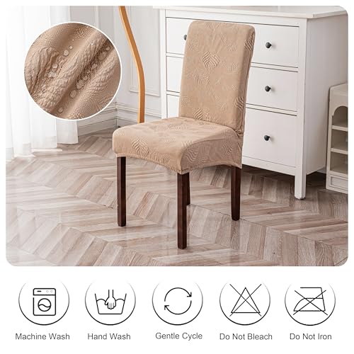 Image of Genina Waterproof Dining Chair Cover Set of 2,Kitchen Chair Cover,Khaki | Stretch Dining Room Chair Slipcovers with Leaf Jacquard,Removable Kitchen Chair Protector for Home,Restaurant,Banquet