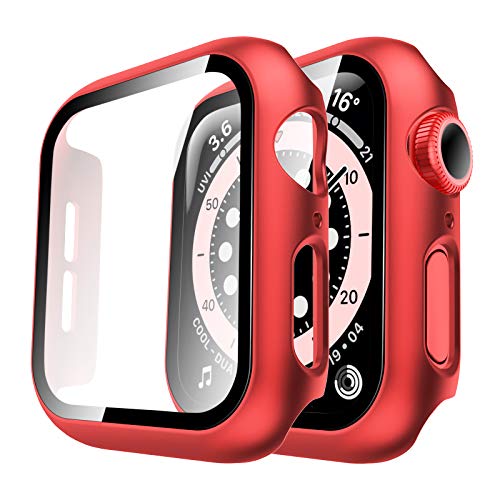 Tauri 2 Pack Case Built-in Tempered Glass Screen Protector for Apple Watch SE 40mm Series 6/5/Series 4, iWatch 40mm Glass Screen Protector Cover, Hard Bumper, Full Protection - Red