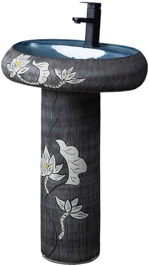 Pedestal Sinks Ceramic Integrated Basin Household Hand-Carved Lotus Wash Outdoor Retro Floor-Standing Bathroom Sink (A)