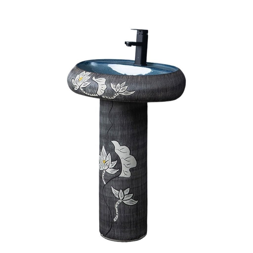 Rkvxcjhdr A Pedestal Sink Ceramic Integrated Pedestal Basin Household Hand-Carved Lotus Wash Basin Outdoor Wash Basin Retro Floor-Standing Basin Bathroom Sinks