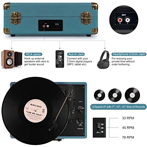 Image of Vinyl Record Player 3-Speed Bluetooth Suitcase Portable Belt-Driven Record Player with Built-in Speakers RCA Line Out AUX in Headphone Jack Vintage Turntable Coral Blue