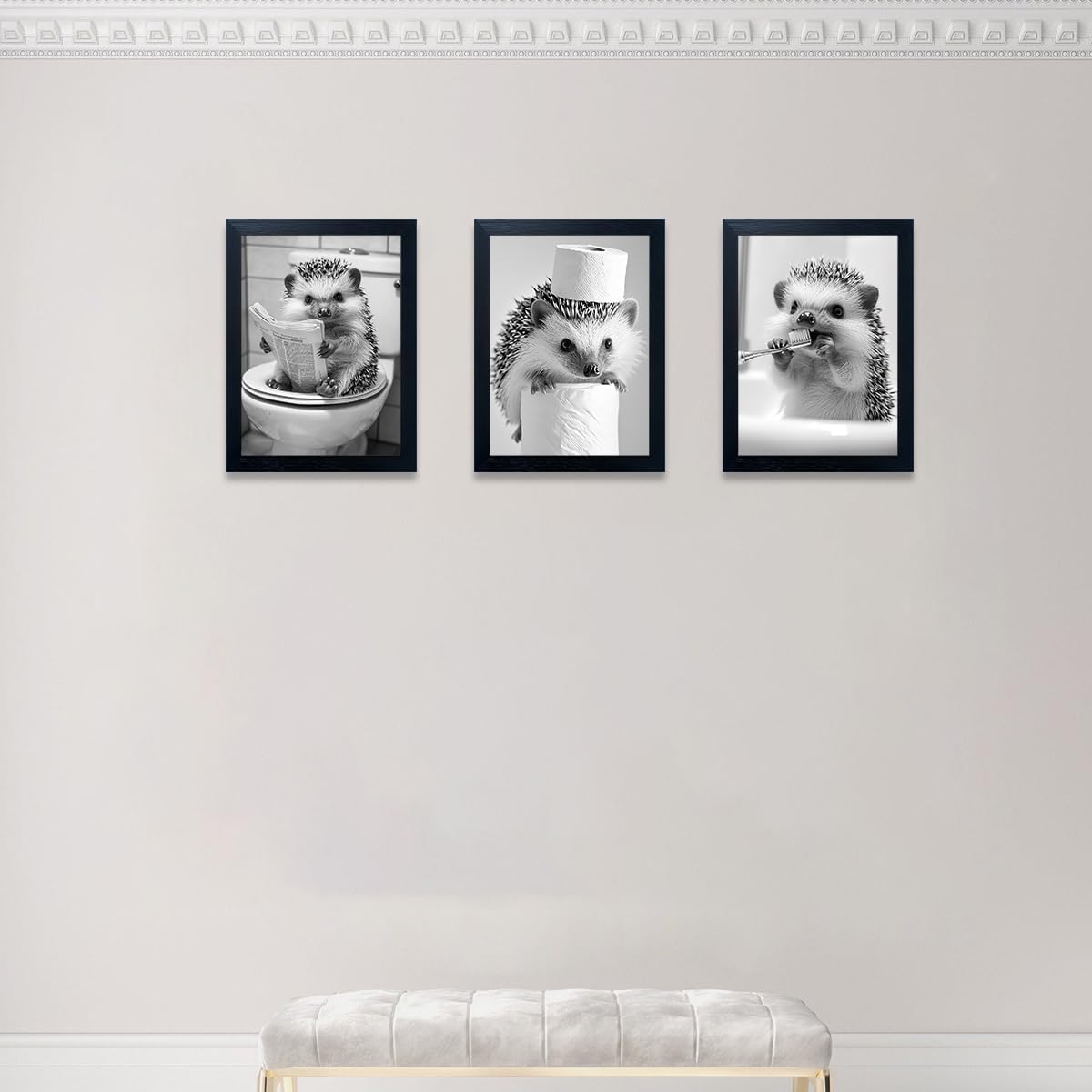 Funny Hedgehog Bathroom Art Framed Black and White Wall Art 3 Pieces Cute Animal Bathroom Picture Wall Decor Toilet Paper Print Painting Kids Room Decoration