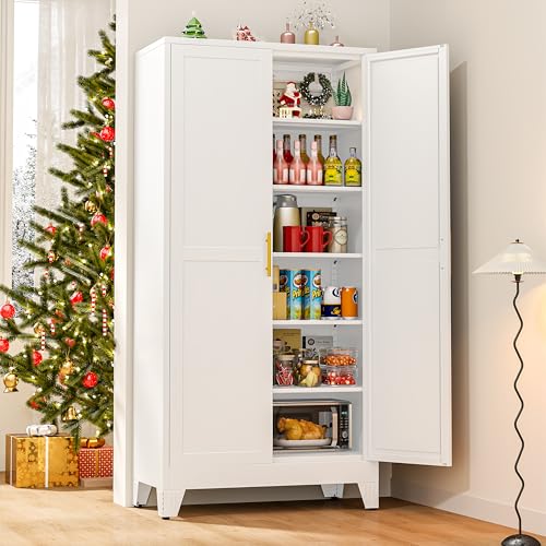 Image of winiowa Tall Metal Kitchen Pantry Storage Cabinet with 2 Doors and 5 Adjustable Shelves - 75.2 inch Kitchen Cabinet with Gold Handles for Kitchen, Bathroom, Dining Room, Living Room - White