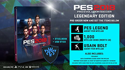 Pro Evolution Soccer 2018 Legendary Edition Includes: PES legend (Agent for MyClub) 1,000 myClub Coins Usain Bolt (Agent for MyClub) FCB Agent UEFA Champions League Agent for MyClub Partner Team Agent 4x Start Up Agents 10,000 GB x 10 Weeks Exclusive Topps Cards from the UEFA Champions League 17/18 Collection Steelbook USB Stick 'Where Legends Are Made' encapsulates the return of PES, with new features, modes and an unparalleled gameplay experience. This year's edition bring the biggest changes to the award winning series seen in a decade, which will set a new standard for soccer games, and raise expectations for the future of the franchise.